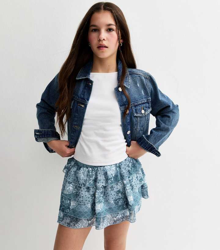 Girls Blue Chiffon Paisley Tiered Rara Skort