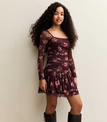 Girls Brown Mesh Floral Ruched Mini Dress