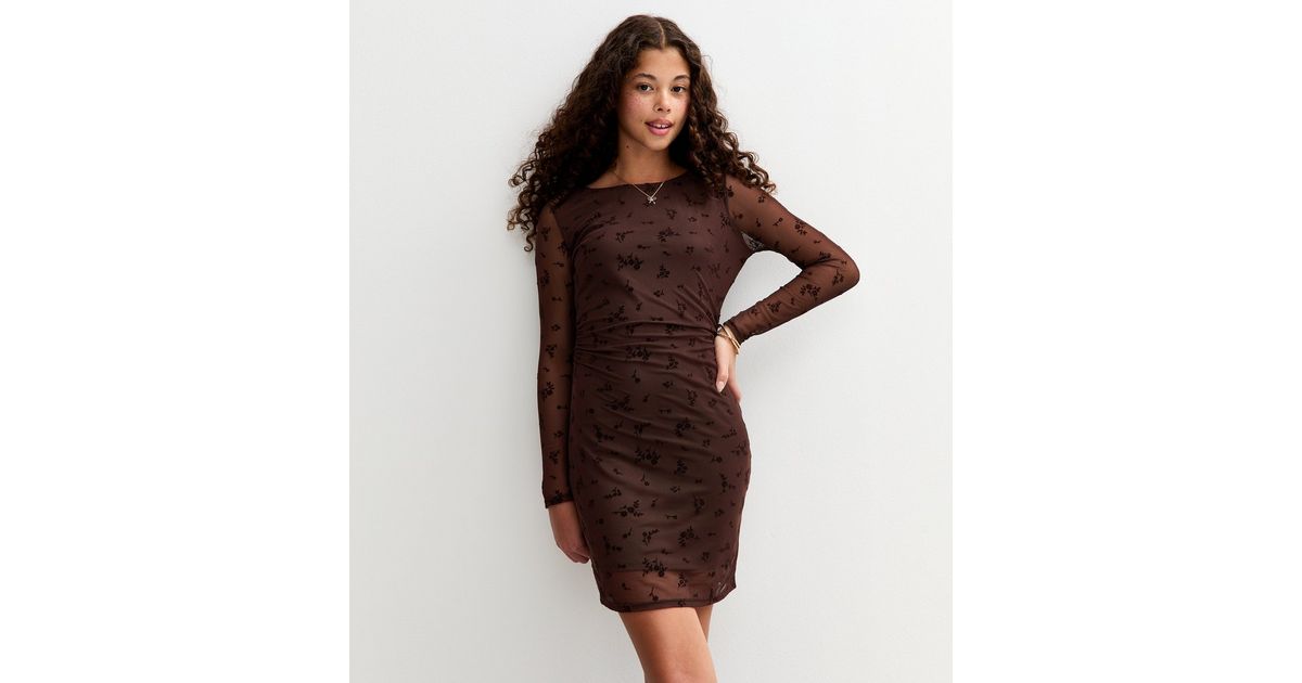 Girls Brown Mesh Flocked Floral Dress | New Look