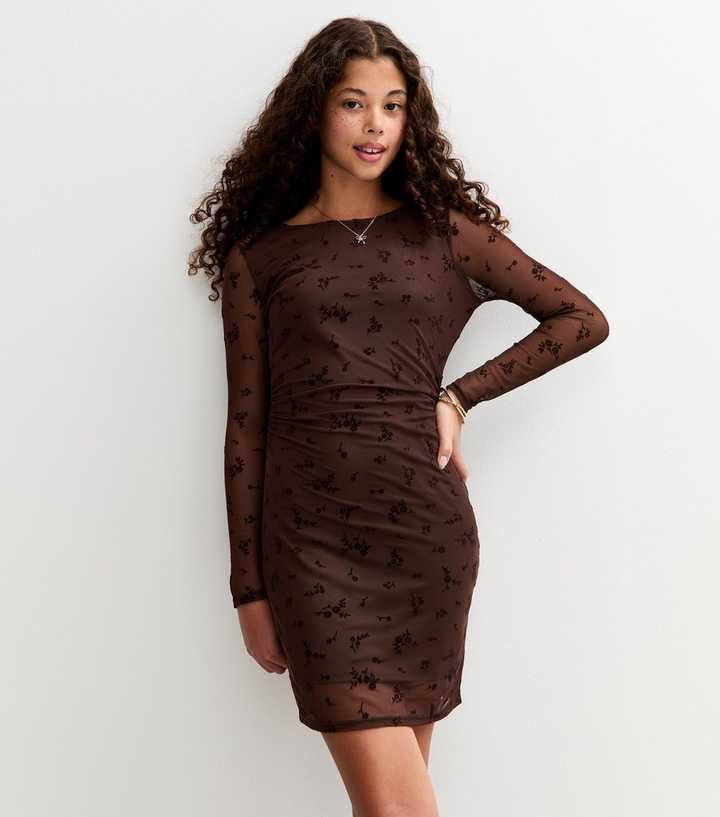 Girls Brown Mesh Flocked Floral Dress | New Look