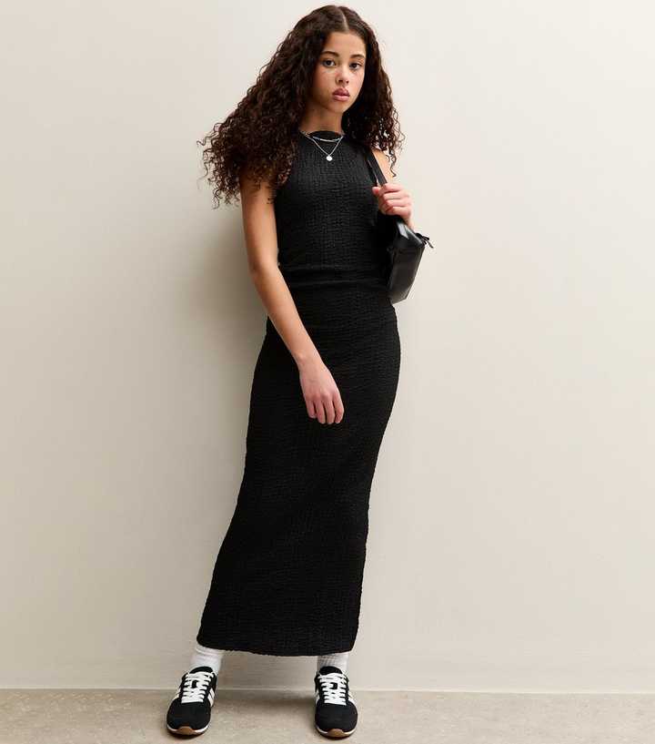 Girls Black Crinkled Sleevless Maxi Dress