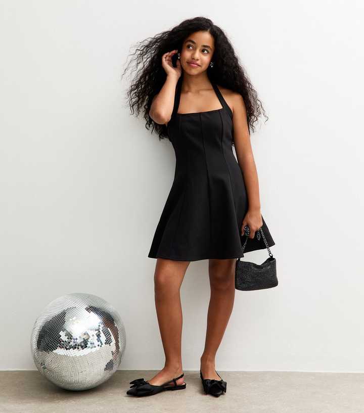 Girls Black Fit and Flare Halterneck Dress | New Look