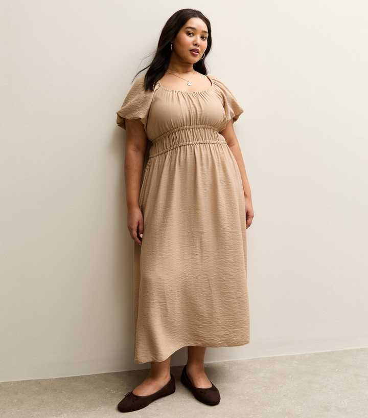 Curves Camel Milkmaid Midi Dress