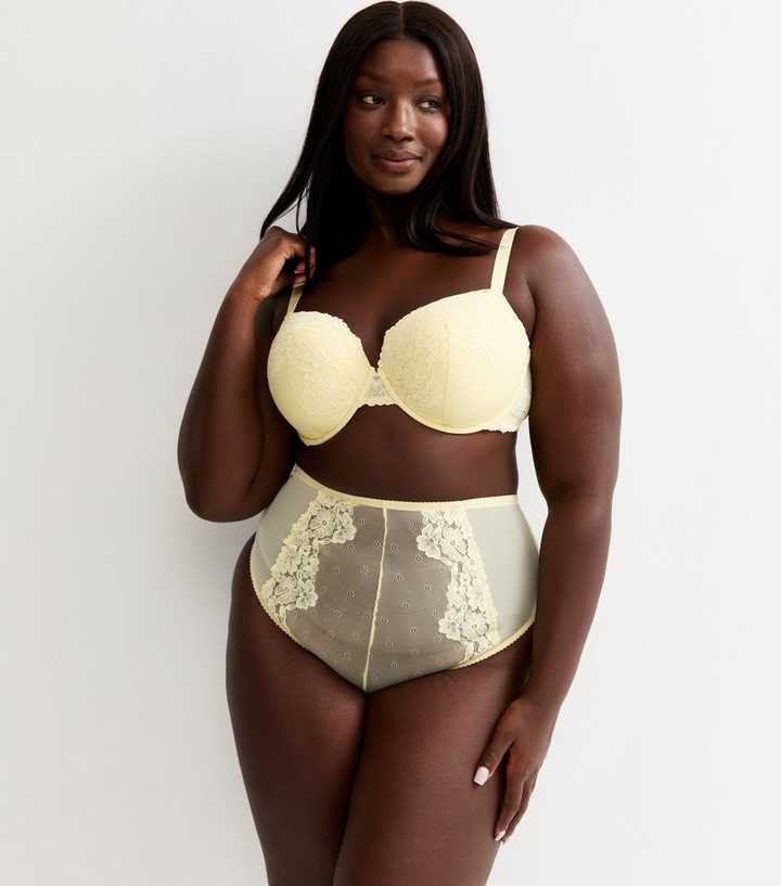 Curves Light Yellow Floral Lace Plunge Bra