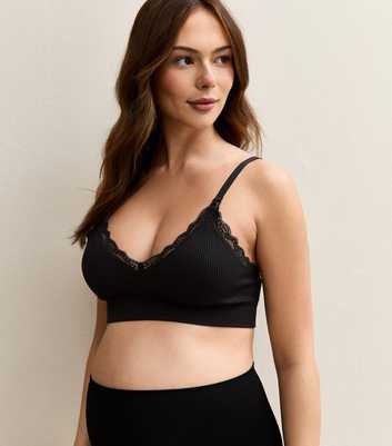 Maternity Black Lace Trim Ribbed Seamless Nursing Bra
