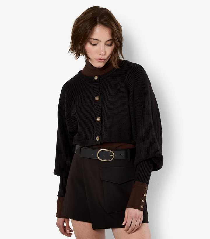 Apricot Black Ribbed Batwing Sleeve Cropped Cardigan