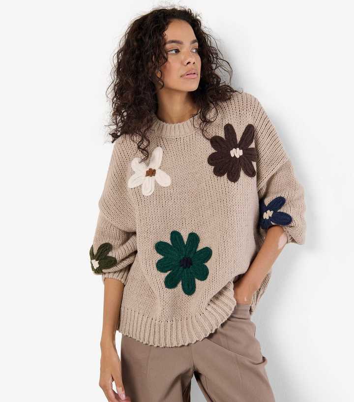 Apricot Stone Daisy Embroidered Oversized Jumper