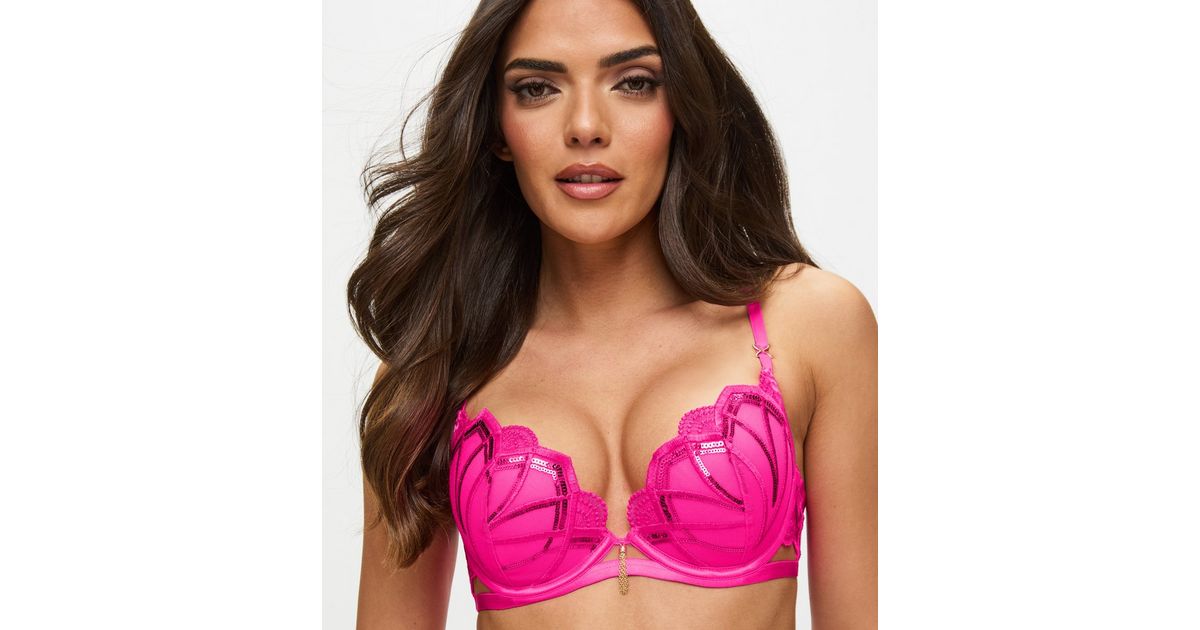 Ann Summers Bright Pink Sequinned Mesh Padded Plunge Bra New Look