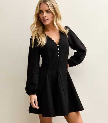 Petite Black Long Sleeve Godet Smock Mini Dress