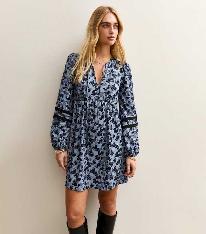 Blue Floral Crinkled Mini Dress
