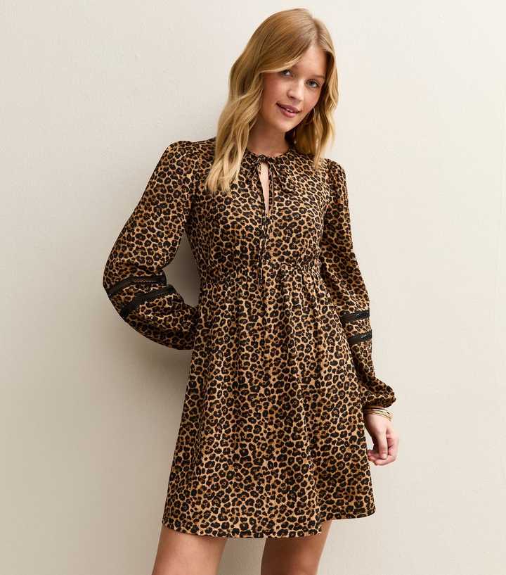 Brown Animal Print Tie Neck Mini Dress