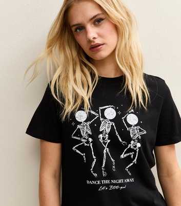 Black Halloween Skeleton Disco Print T-Shirt