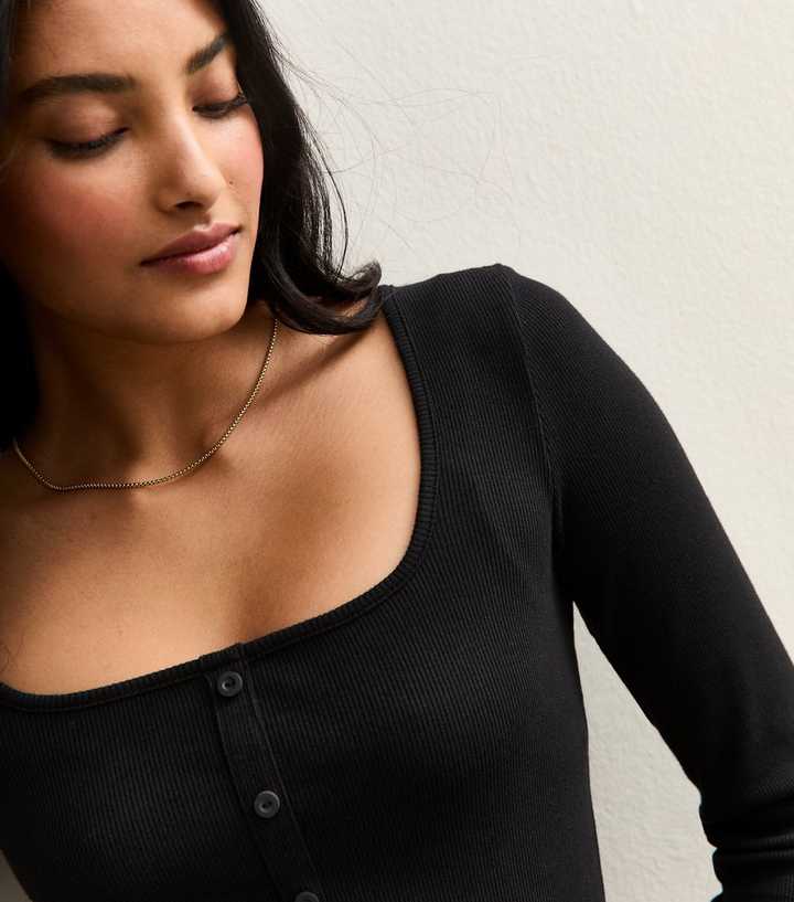 Black Square Neck Button Detail Long Sleeve Top