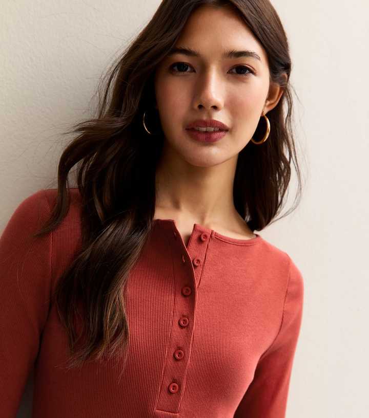 Dark Red Long Sleeve Henley Top