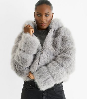 Gini London Grey Faux Fur Hooded Jacket | New Look