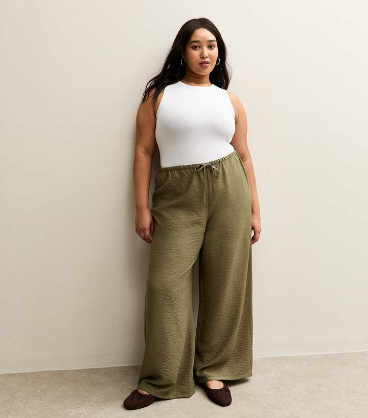 Curves Khaki Wide Leg Beach Trousers