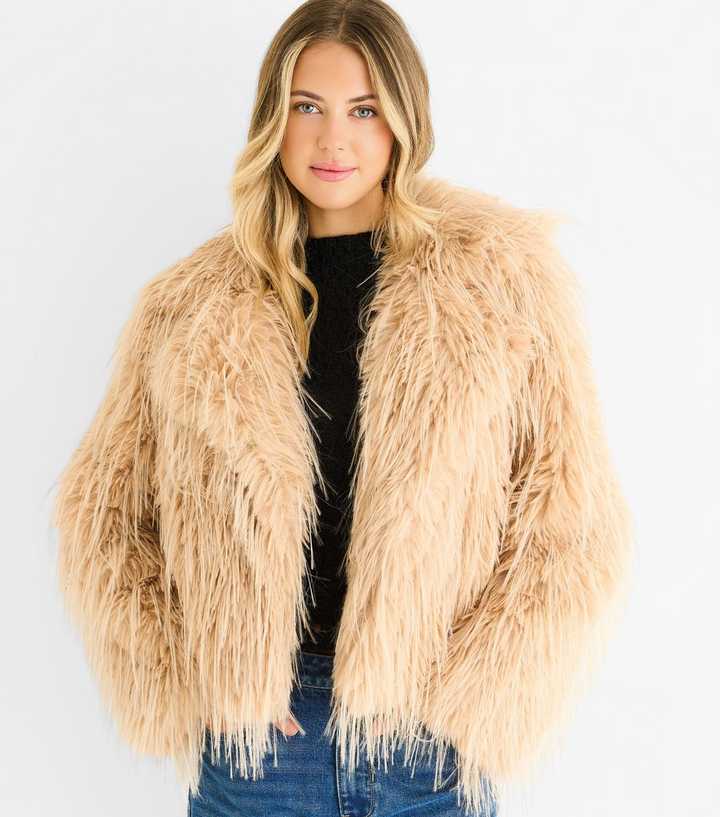 Gini London Oatmeal Fringed Faux Fur Jacket