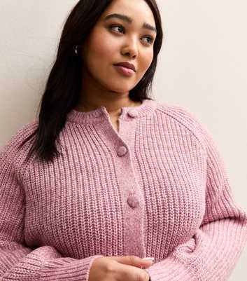 Curves Pink Ribbed Knit Raglan Sleeve Cardigan