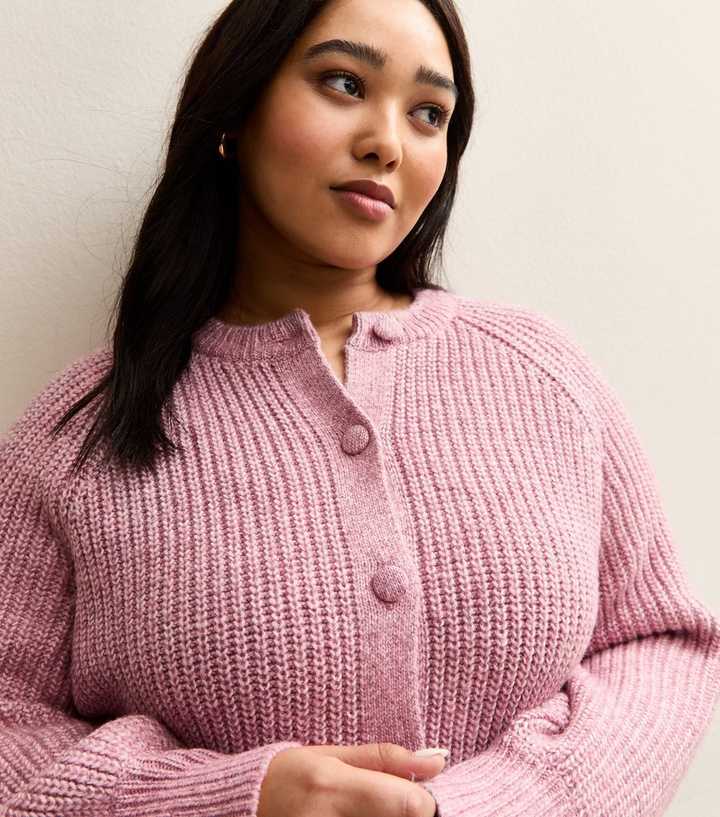 Curves Pink Ribbed Knit Raglan Sleeve Cardigan