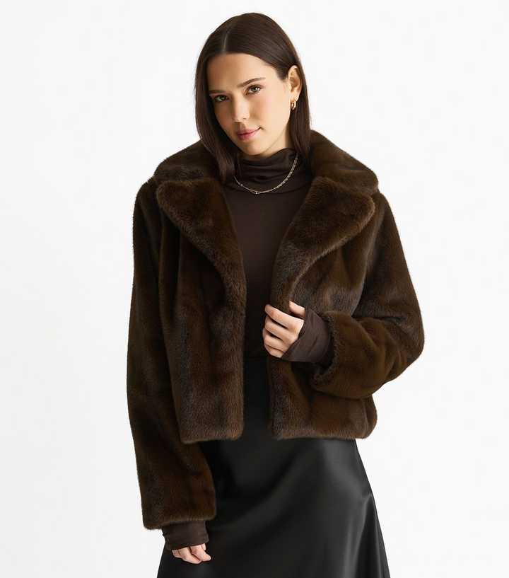 Gini London Mid Brown Cropped Faux Fur Jacket