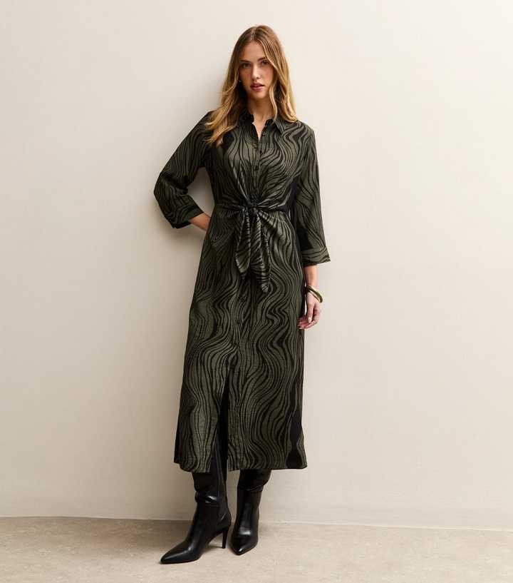 Green Abstract Pattern Midi Shirt Dress