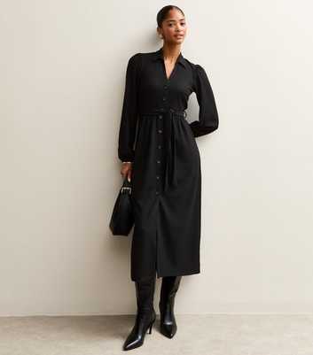 Black Crinkled Shirt Dress