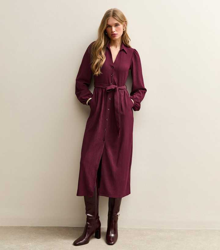 Burgundy Crinkled Shirt Dress