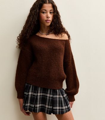 Girls Brown Slash Neck Jumper