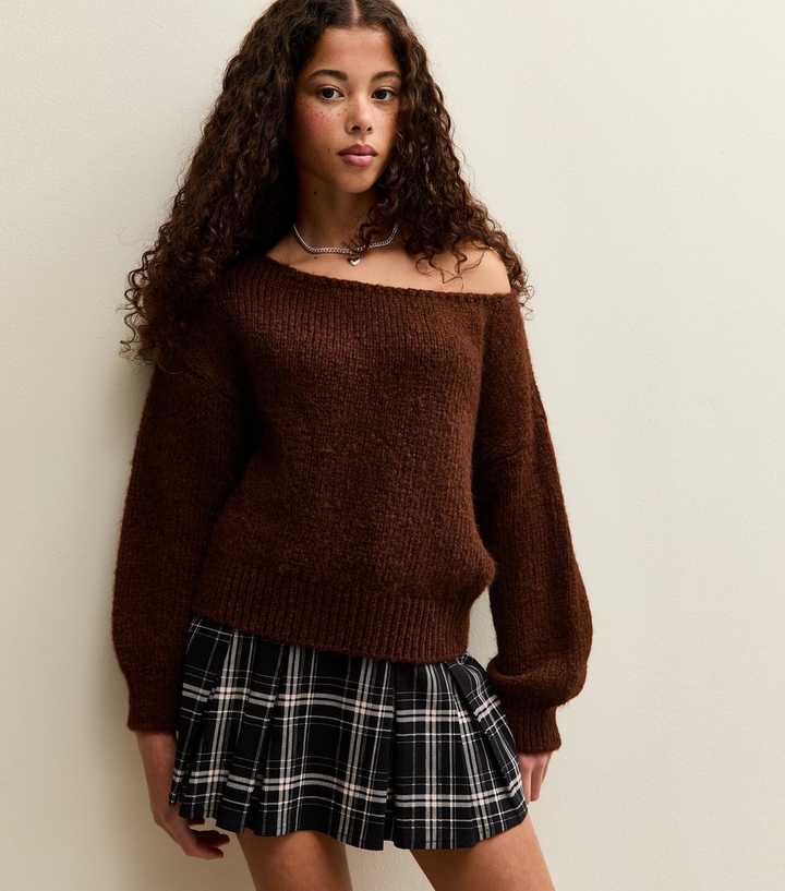 Girls Brown Slash Neck Jumper