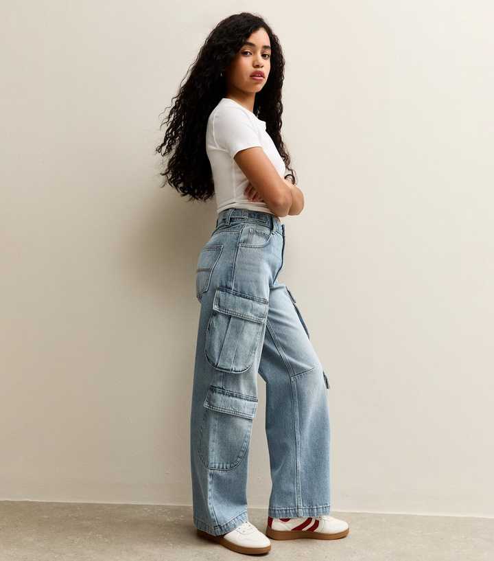 Girls Mid Blue Cargo Pocket Wide Leg Jeans