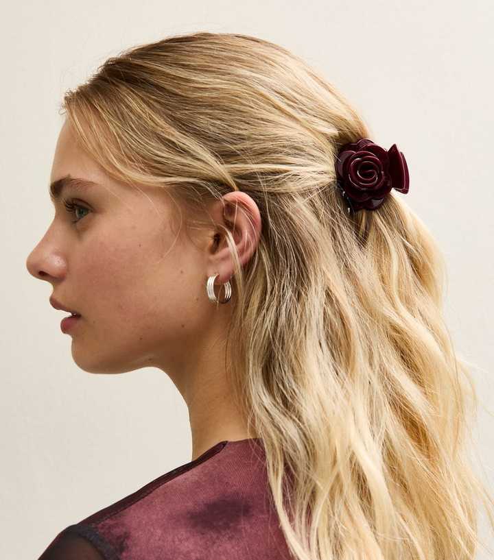 Burgundy Rose Flower Claw Clip