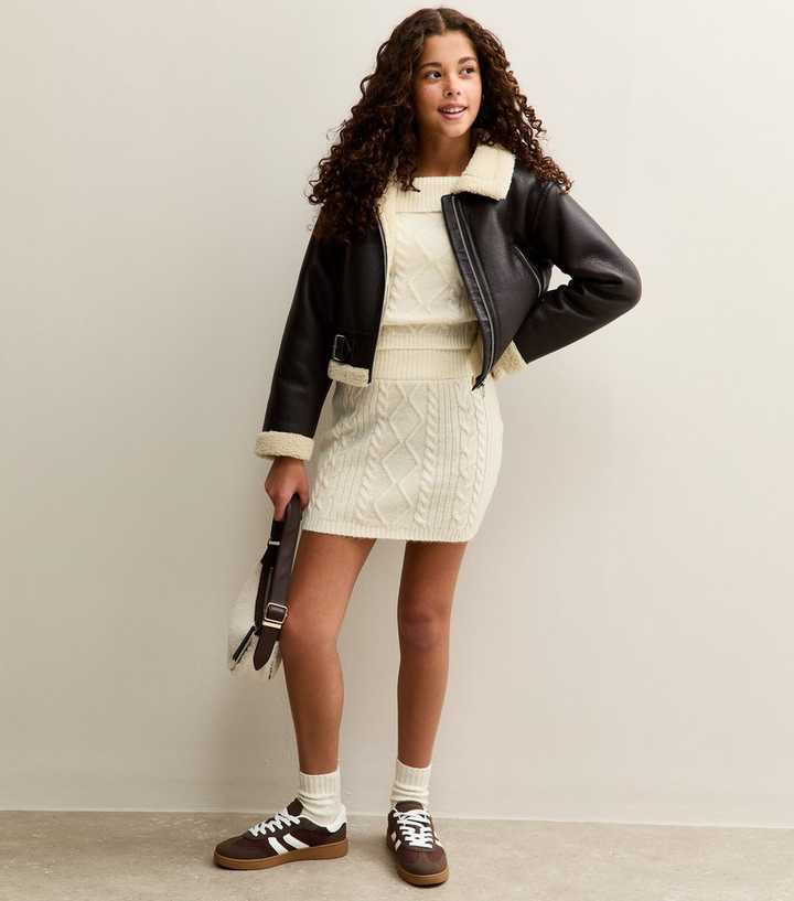 Girls Cream Cable Knit Mini Skirt