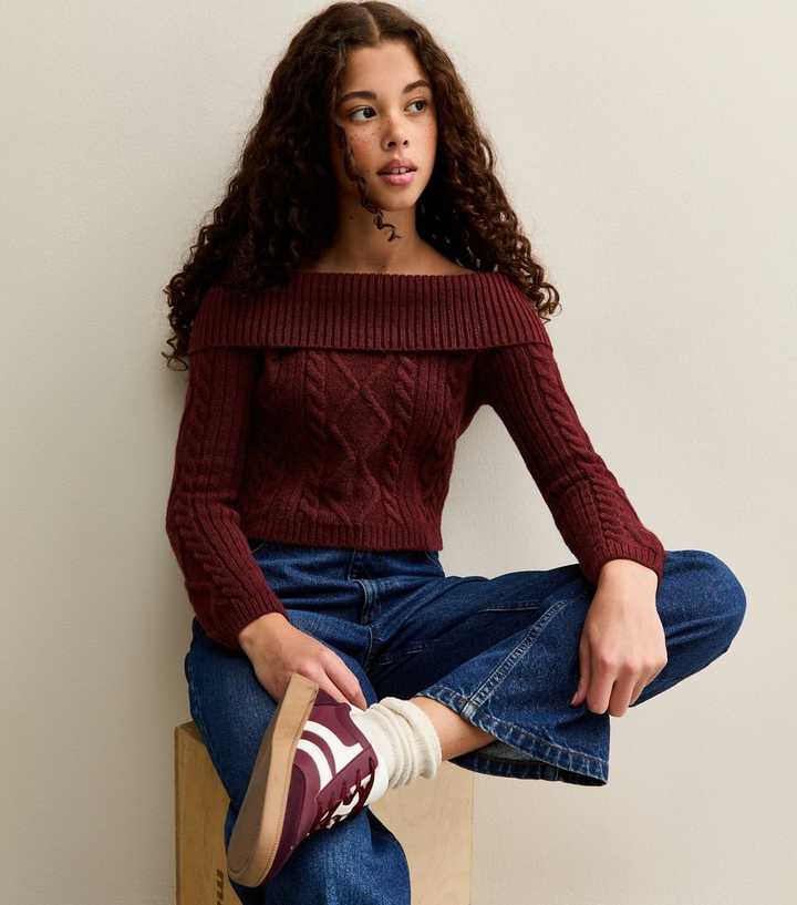 Girls Dark Burgundy Cable Knit Off Shoulder Jumper