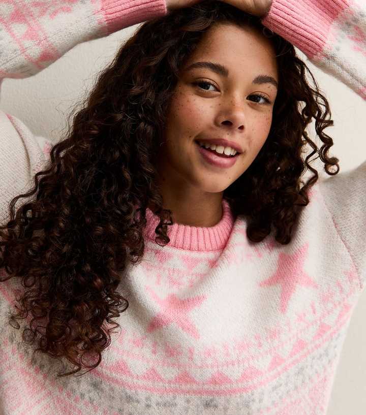 Girls Pink Star Pattern Fairisle Jumper