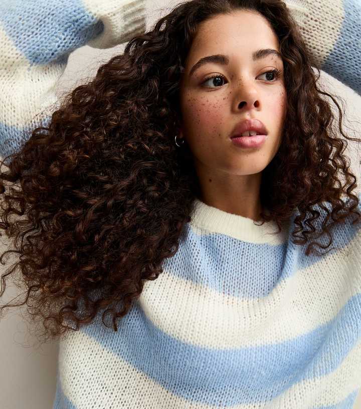Girls Light Blue Stripe Open Knit Jumper