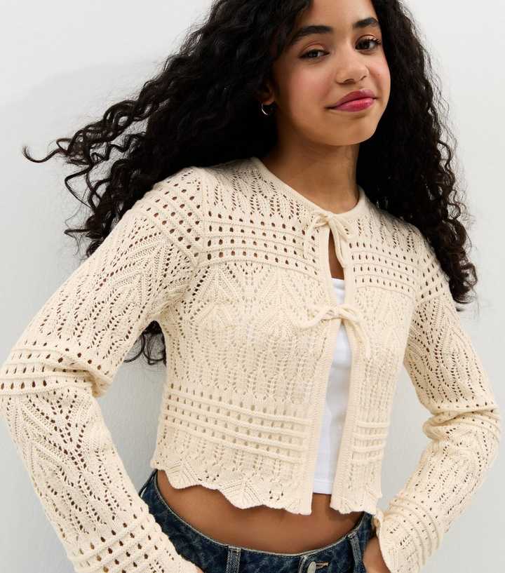 Girls Cream Crochet Cardigan