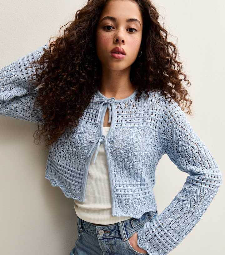 Girls Light Blue Crochet Cardigan