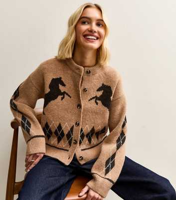 Brown Argyle Horse Knit Crew Neck Cardigan