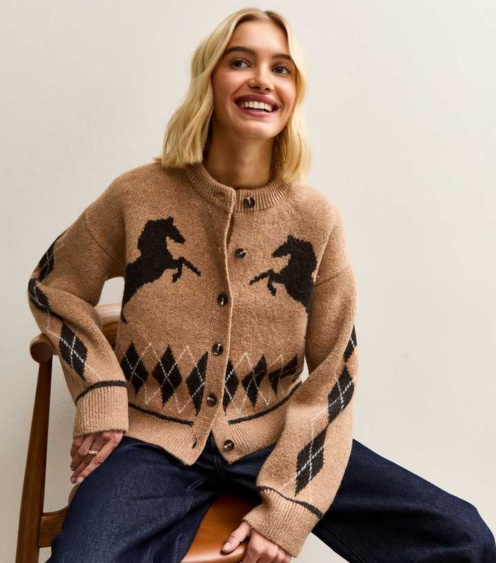 Brown Argyle Horse Knit Crew Neck Cardigan