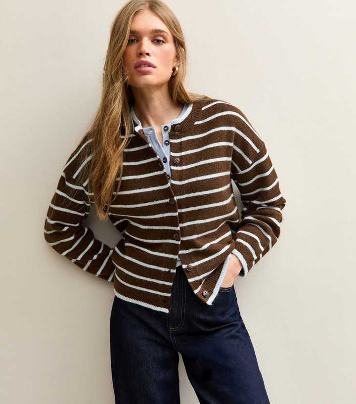 Brown Striped Crew Neck Cardigan