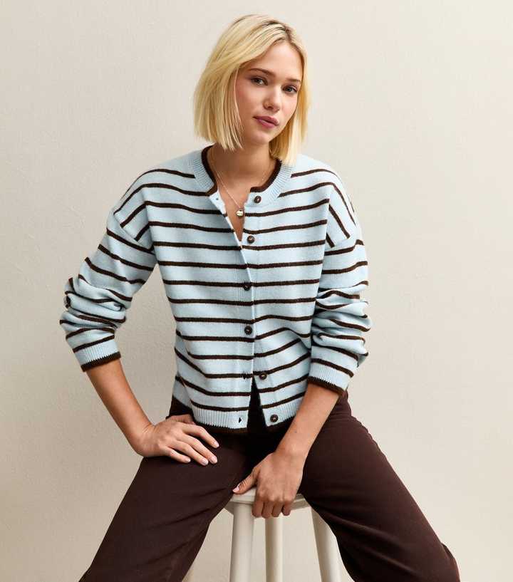 Blue Striped Crew Neck Cardigan