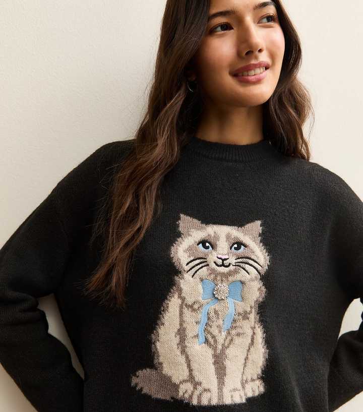 Black Cat Motif Longline Jumper