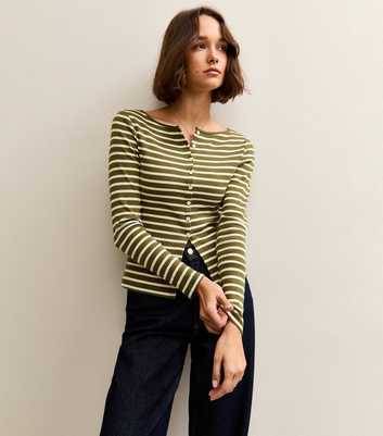 Green Striped Crew Neck Cardigan