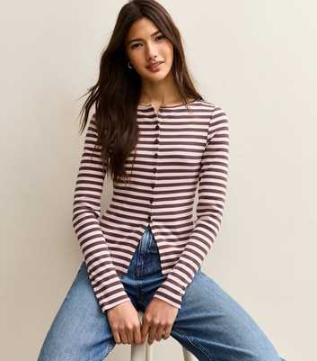 Pink Striped Crew Neck Cardigan