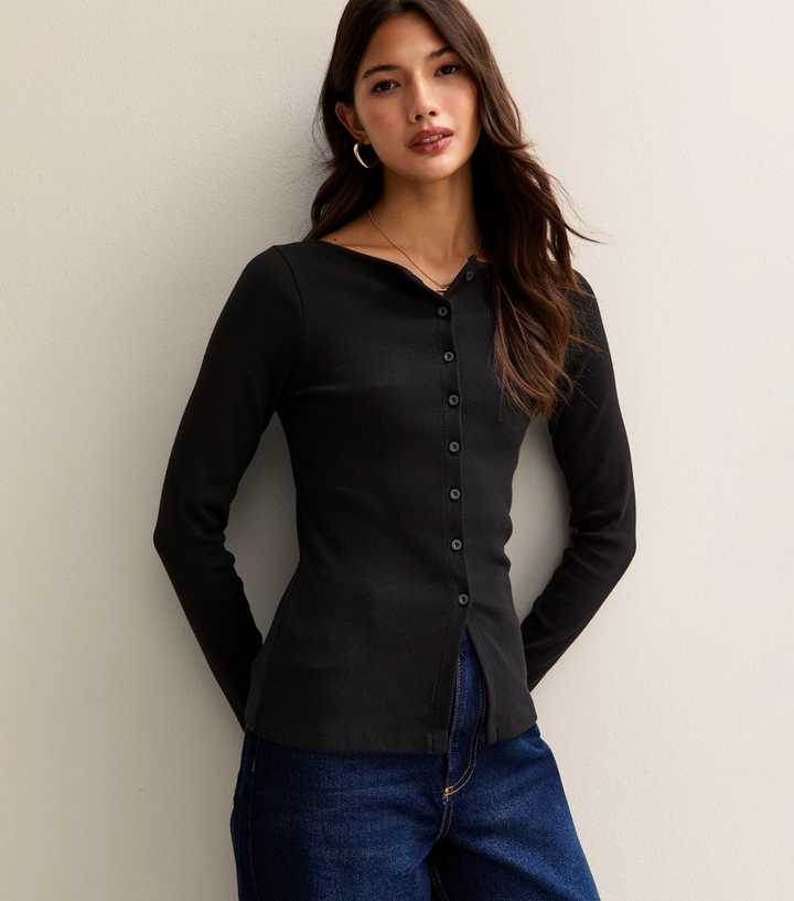 Black Rib Button Up Long Sleeve Top