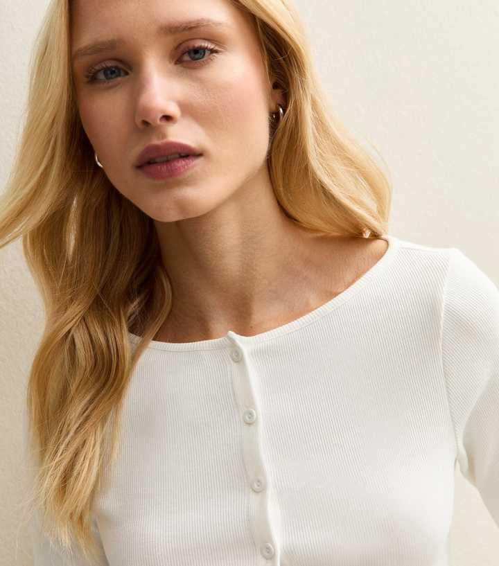 White Rib Button Up Long Sleeve Top