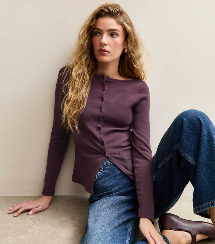 Dark Purple Rib Button Up Long Sleeve Top
