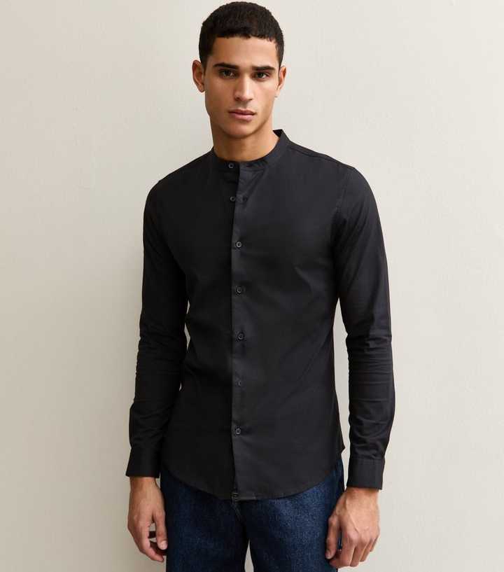Black Muscle Fit Cotton Poplin Grandad Shirt
