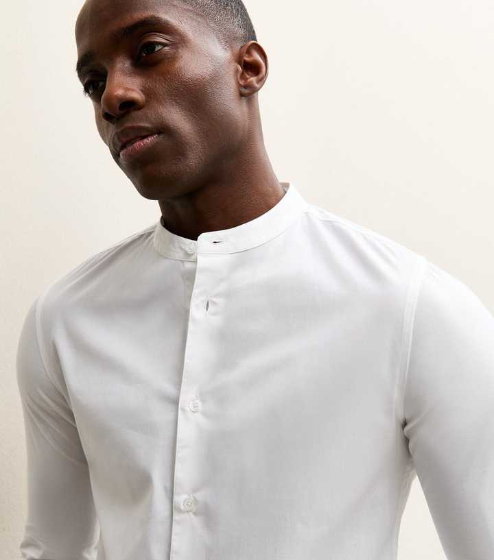 White Muscle Fit Cotton Poplin Grandad Shirt