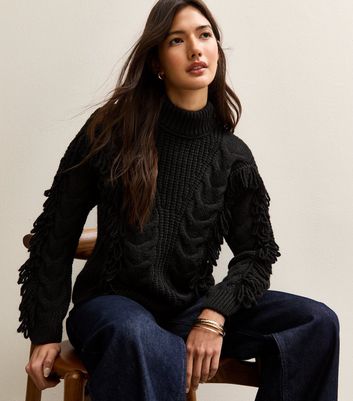 Black Cable Knit Looped Fringe Jumper | New Look